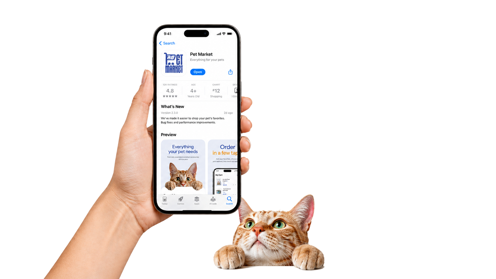 A hand holding a phone showing the Pet Market app