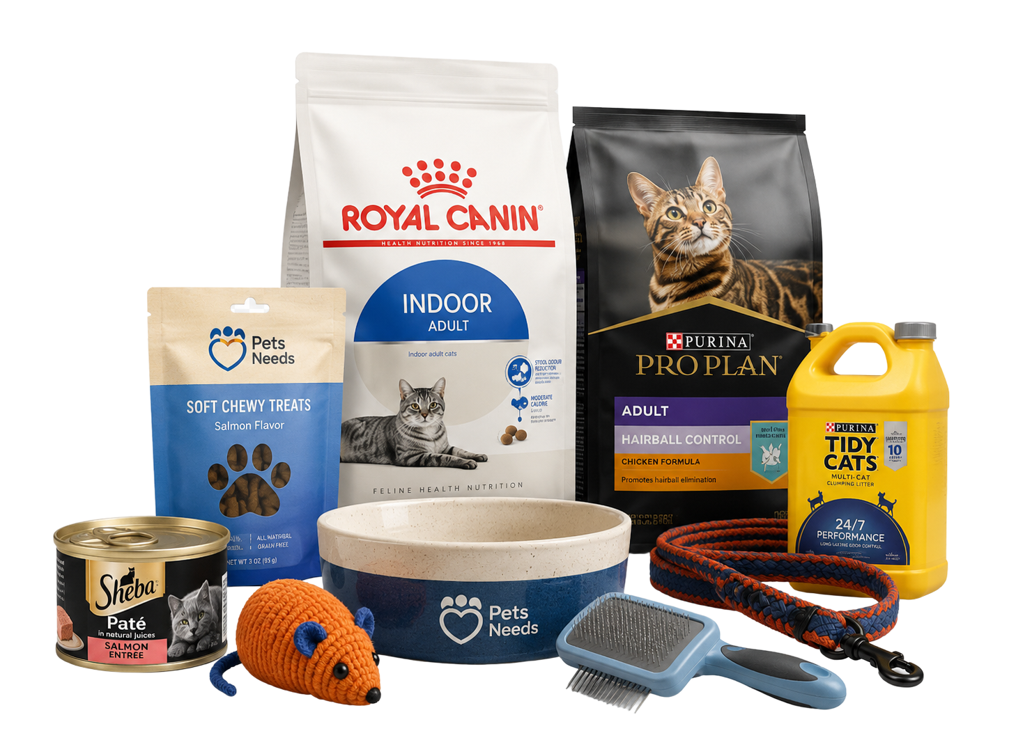 An assortment of pet food, toys and grooming products
