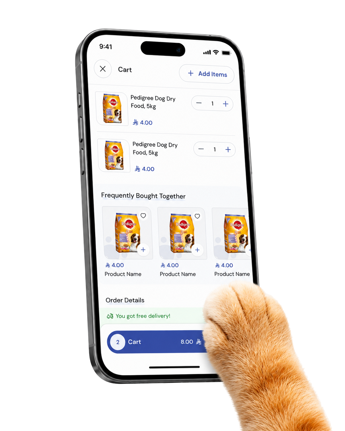 A phone showing an order being placed in the Pet Market app
